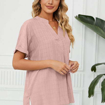 Side Slit Notched Neck Cuffed Short Sleeve Blouse - MimiStylez