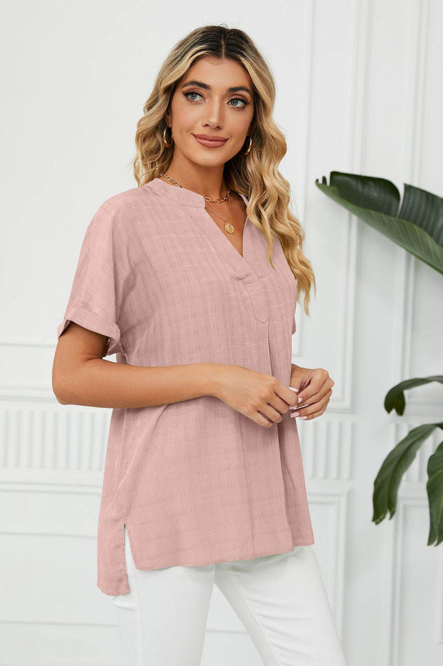 Side Slit Notched Neck Cuffed Short Sleeve Blouse - MimiStylez