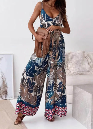 Printed V-Neck Wide Leg Jumpsuit - MimiStylez