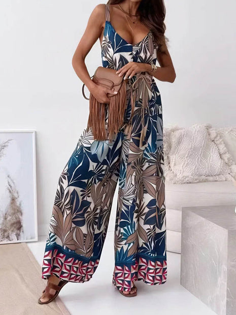 Printed V-Neck Wide Leg Jumpsuit - MimiStylez