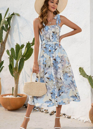 Smocked Printed Square Neck Midi Dress - MimiStylez