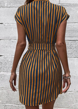 Tied Striped Cap Sleeve Mini Dress - MimiStylez