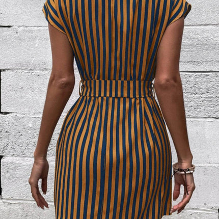 Tied Striped Cap Sleeve Mini Dress - MimiStylez