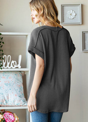 Heimish Full Size Exposed Seam Short Sleeve Ribbed Top - MimiStylez