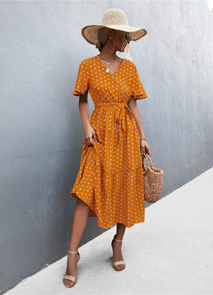 Printed V-Neck Flutter Sleeve Belted Dress - MimiStylez