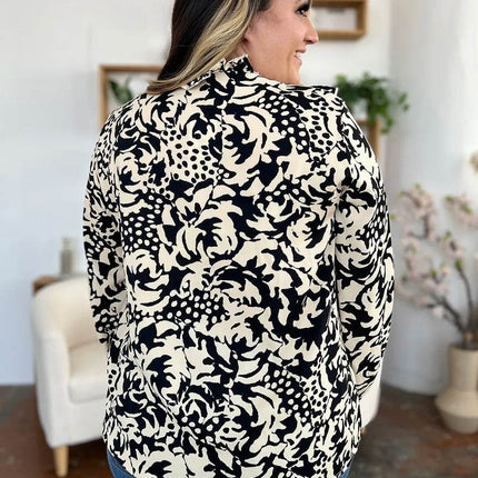 Double Take Full Size Printed Ruffle Trim Balloon Sleeve Shirt - MimiStylez