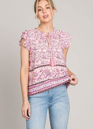 Cotton Bleu by Nu Lab Print Ruffle Sleeve Detail Blouse - MimiStylez