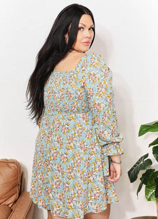 Floral Smocked Flounce Sleeve Square Neck Dress - MimiStylez