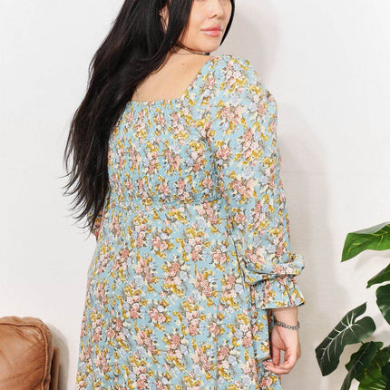 Floral Smocked Flounce Sleeve Square Neck Dress - MimiStylez