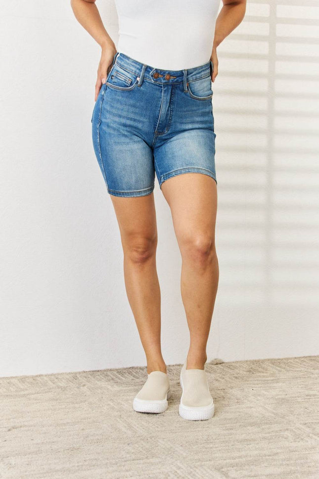 Judy Blue Full Size Tummy Control Double Button Bermuda Denim Shorts - MimiStylez