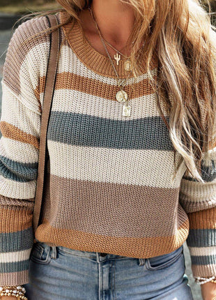 Striped Round Neck Dropped Shoulder Sweater - MimiStylez