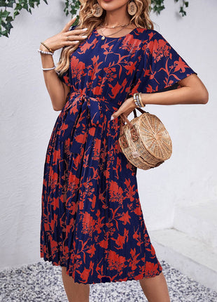 Printed Round Neck Short Sleeve Dress - MimiStylez
