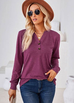 V-Neck Buttoned Long Sleeve Blouse - MimiStylez