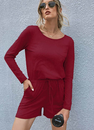 Drawstring Waist Long Sleeve Romper - MimiStylez