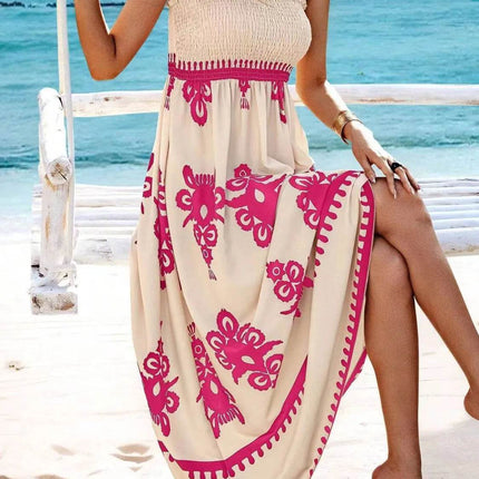 Smocked Printed Wide Strap Maxi Dress - MimiStylez