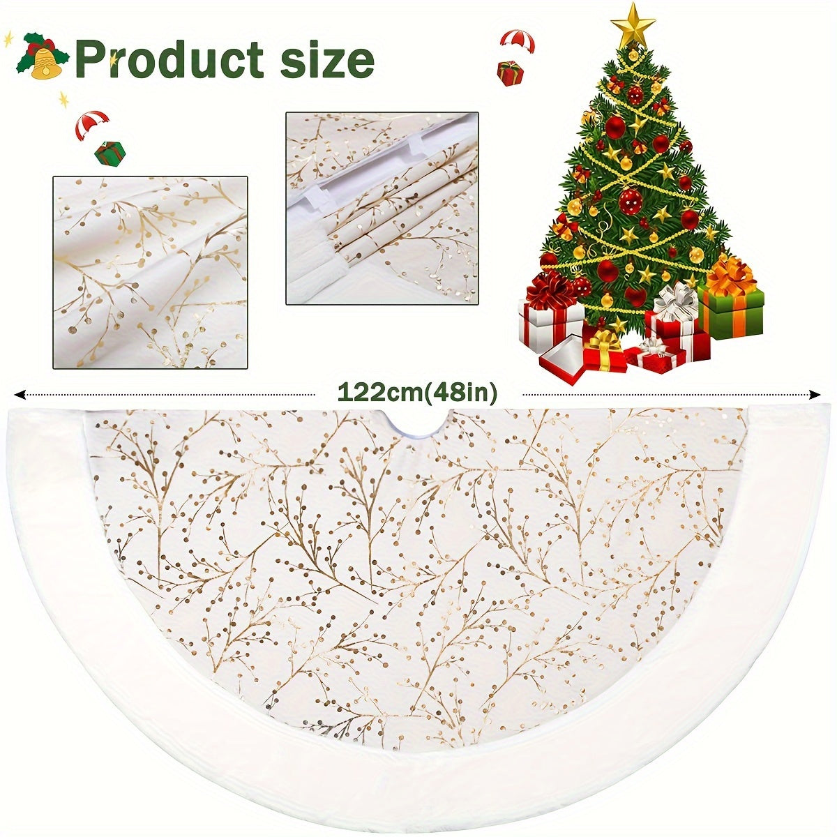 1pc Golden White Faux Fur Plush Tree Skirt - 36/48 Inch Thick Velvet Rugs for Holiday Home Decor, Party, Xmas, Navidad, Christmas Decorations, Room Decoration, and Festive Ambiance