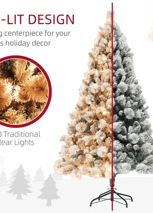 6.5 Ft Pre-Lit Flocked Christmas Tree With 350 Clear Lights And 1107 Tips, With Metal Stand, Hinged Xmas Tree
