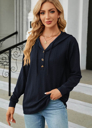 Drawstring Half Button Long Sleeve Hoodie - MimiStylez