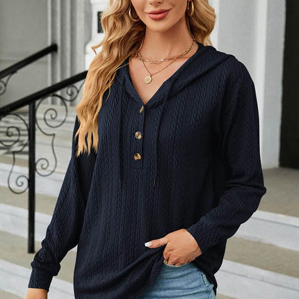 Drawstring Half Button Long Sleeve Hoodie - MimiStylez