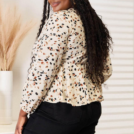 Double Take Printed Tied Plunge Peplum Blouse - MimiStylez