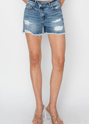 RISEN Stepped Waist Frayed Denim Shorts - MimiStylez
