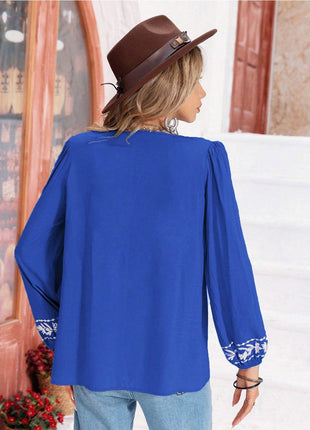Floral Tie Neck Balloon Sleeve Blouse - MimiStylez