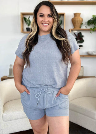 Double Take Full Size Texture Short Sleeve T-Shirt and Drawstring Shorts Set - MimiStylez