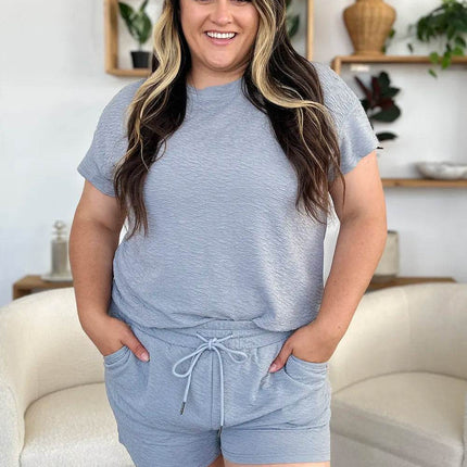 Double Take Full Size Texture Short Sleeve T-Shirt and Drawstring Shorts Set - MimiStylez