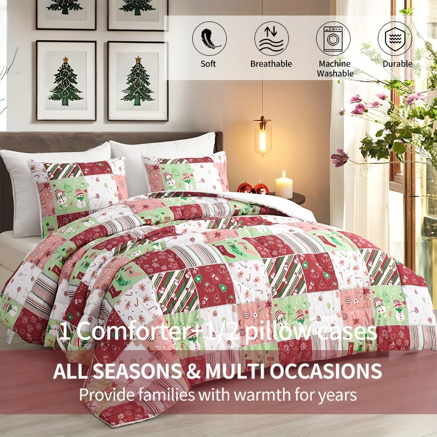 All-Season Plaid Comforter Set with Pillow Cases, Christmas Pattern, Lightweight Ultra-Soft Microfiber Fill, Quilted Polyester Cover, Machine Washable, Digital Print Bedding Collection