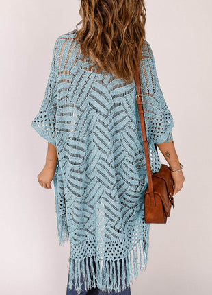 Openwork Open Front Cardigan with Fringes - MimiStylez
