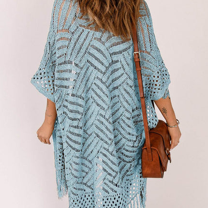 Openwork Open Front Cardigan with Fringes - MimiStylez