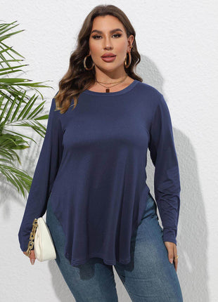 Plus Size Round Neck Long Sleeve Slit T-Shirt - MimiStylez