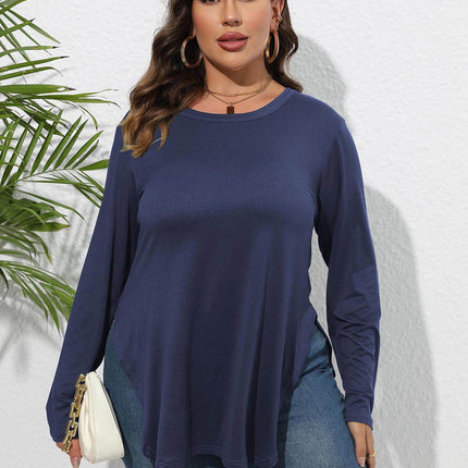 Plus Size Round Neck Long Sleeve Slit T-Shirt - MimiStylez