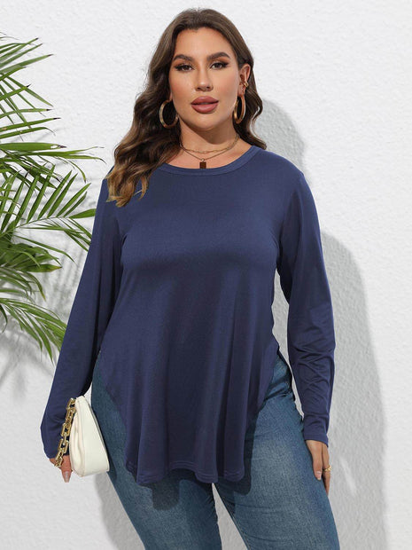 Plus Size Round Neck Long Sleeve Slit T-Shirt - MimiStylez