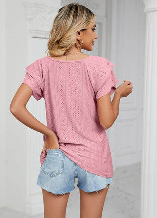 Eyelet Layered Flutter Sleeve V-Neck Knit Top - MimiStylez