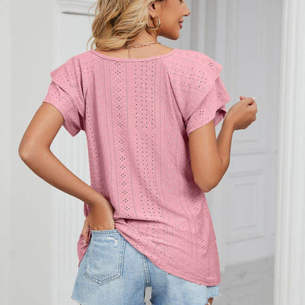 Eyelet Layered Flutter Sleeve V-Neck Knit Top - MimiStylez