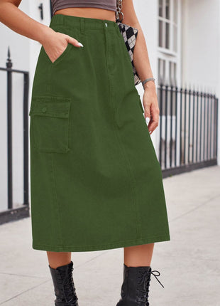 Slit Buttoned Denim Skirt with Pockets - MimiStylez