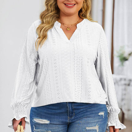 Plus Size Eyelet Notched Flounce Sleeve Blouse - MimiStylez