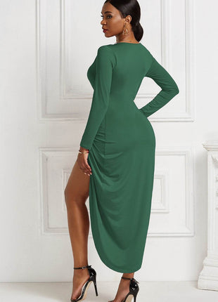 High-low Ruched Surplice Long Sleeve Dress - MimiStylez