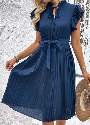 Tie Neck Belted Pleated Dress - MimiStylez
