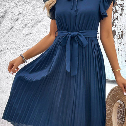 Tie Neck Belted Pleated Dress - MimiStylez