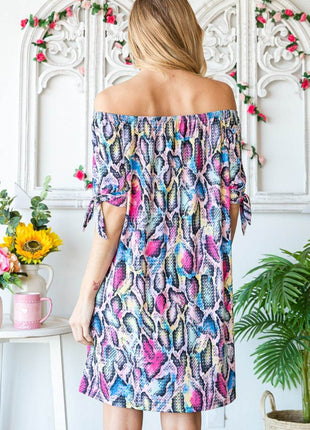 Heimish Full Size Off Shoulder Snake Mini Dress - MimiStylez