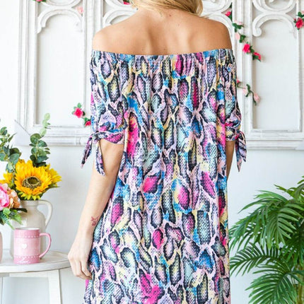 Heimish Full Size Off Shoulder Snake Mini Dress - MimiStylez
