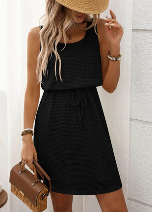 Waffle-Knit Drawstring Mini Tank Dress - MimiStylez