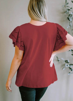 Plus Size Eyelet Round Neck Short Sleeve Blouse - MimiStylez