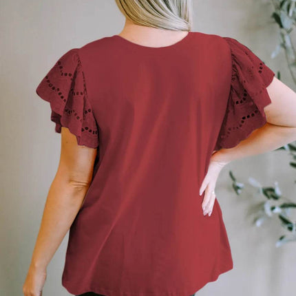 Plus Size Eyelet Round Neck Short Sleeve Blouse - MimiStylez