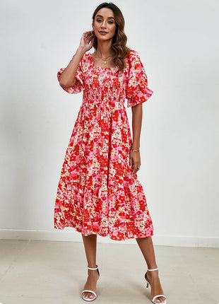 Smocked Floral Square Neck Short Sleeve Dress - MimiStylez