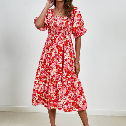 Smocked Floral Square Neck Short Sleeve Dress - MimiStylez