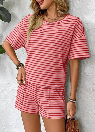 Striped Round Neck Short Sleeve Top and Shorts Set - MimiStylez
