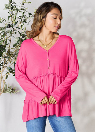 Double Take Half Button Long Sleeve Ruffle Hem Blouse - MimiStylez